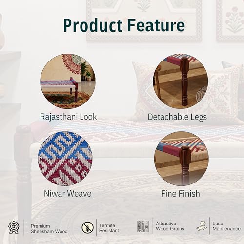 Image of Solid Sheesham Wood Charpai Khat Bed | Wooden Khatiya Charpai Desi | Handcrafted Khatiya Bed with Cotton Rope | Strong Khat for Indoor & Outdoor Use | 6X3 Feet | Dori 2 Wine Blue