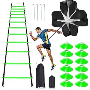 Pro Speed & Agility Training Set—Includes 12 Rung 20ft Adjustable Agility Ladder with Carrying Bag, 12 Disc Cones, 4 Steel Stakes, 1 Resistance Parachute, Use Equipment to Improve Footwork Any Sport