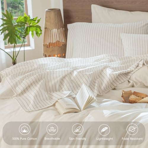 Image of MooMee Striped Sheet Set 100% Washed Cotton Linen Like King | Relaxed Linen-like Texture. Soft, Breathable & Lightweight Comfort. 15-19 inch Extra Deep Pocket with All-around Elastic