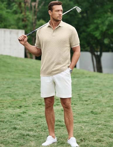Image of JMIERR Mens Casual Polo Shirt Short Sleeve Vacation Button Summer Beach Knit Stretchy Golf Shirts