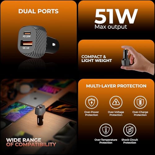 Image of Kratos 51W Fast Car Charger with Dual Output, 51 Watts Total (28W USB + 25W Type C PD), Fast Charging, Adapter for iPhone & Android Smartphones and Tablets (Black)