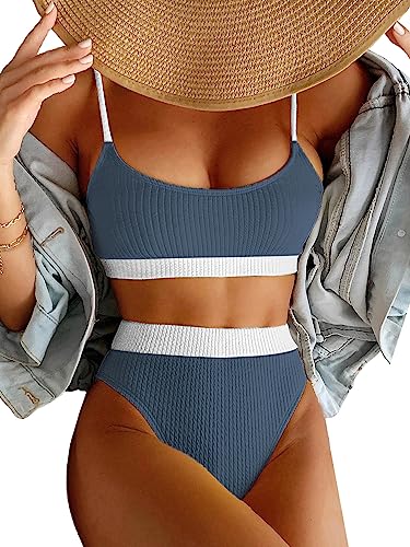 Image of Lilosy High Waisted Tummy Control Ribbed Bikini Crop Top Brazilian Swimsuit Set 2 Piece