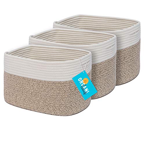 OrganiHaus 3-Pack Cotton Rope Cube Shelf Storage Baskets for Organizing | Decorative Basket for Closet Storage | Closet Baskets and Bins for Shelves | Woven Baskets for Storage Shelf - Brown / White