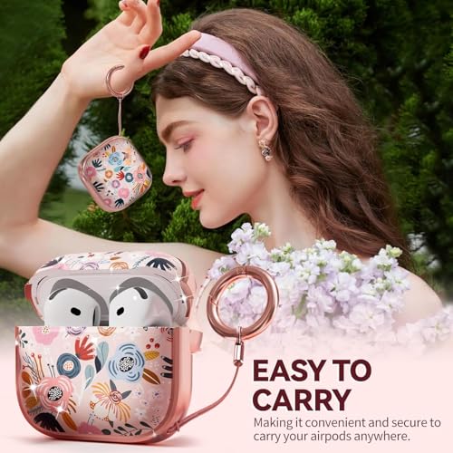 Safety Lock Inesore Floral Cute Hülle Compatible with AirPods 4 (ANC), Case for Women Girls, with Cleaning Kit and Keychain (2024) - Pink