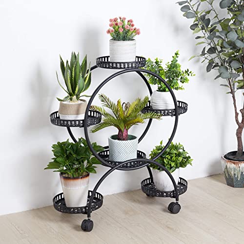 Unho Metal Plant Stand 6-Potted: Flower Pot Holder With Wheels 4 Tier Display Shelf Rack For Patio Balcony Yard Garden Home Decor #TOP2