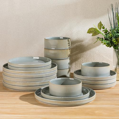 Image of TheTerra Ceramic Dinnerware Sets for 6, 18 Pieces Porcelain Lightweight Plates and Bowls Sets, Scratch Resistant Dish Set, Oven & Microwave & Dishwasher Safe, Desert Sage