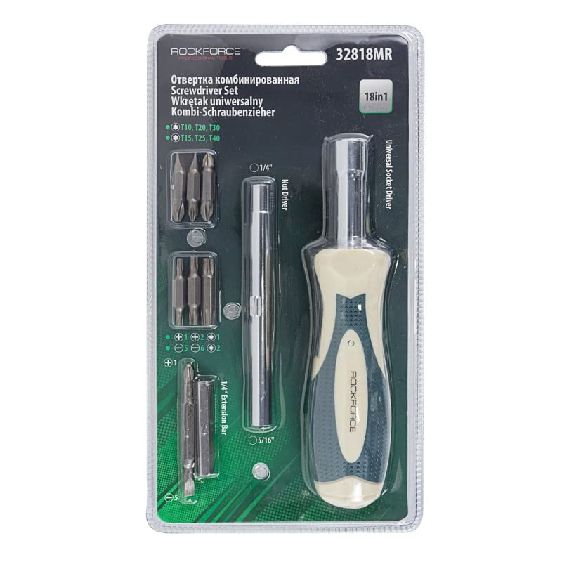 Rockforce Combination Ratchet Screwdriver Tool Set Multibit 18 Piece Comfortable Handle