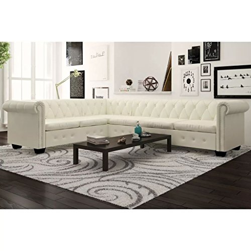 vidaXL Chesterfield Canapé d'angle 6 Places Cuir synthétique Blanc/Noir/Marron 260 x 205 x 73 cm
