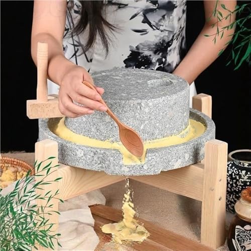 Manual Stone Grain Mill with Solid Wood Base, Traditional Wheat Grinder for Flour, Rice, Beans & Berries - Durable 9.8x13.7in Hand-Crank Mill for Home Use