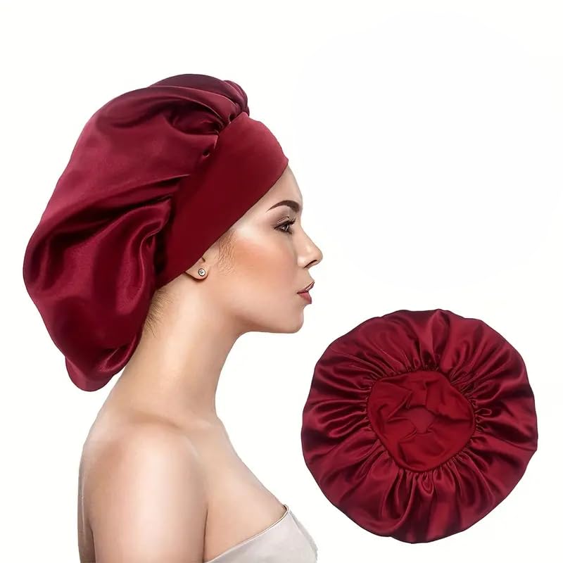 Gorro de satén para dormir cabello rizado con banda elástica ancha, anti frizz, protector de rizos y retención de humedad para mujeres y niñas, Gorro de ducha, Elástico, Rojo