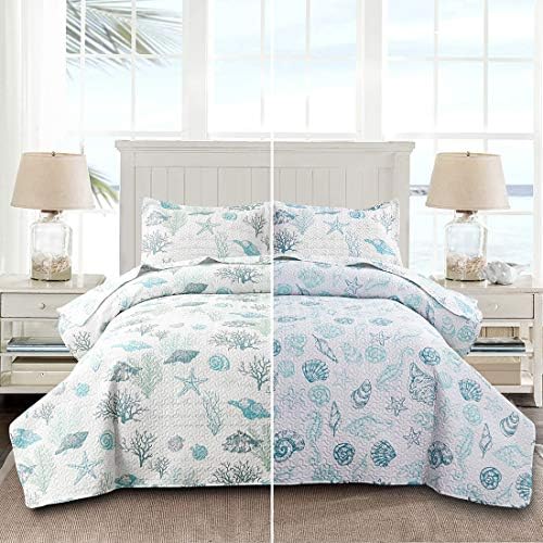 Oliven Reversible Coastal Beach Theme Quilt Set Queen/Full Size Ocean Coral Bedding Seaweed Bedspread Ocean Life Blue Green White Shell Starfish Coverlet Summer Lightweight Beach Daybed Sets