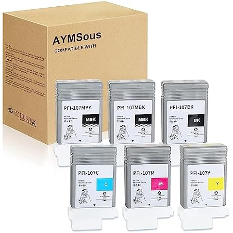 AYMSous Compatible PFI-107 Ink Cartridge Replacement for Canon PFI-107 PFI107 PFI-107MBK PFI-107BK PFI-107C PFI-107M PFI-107Y for Canon imagePROGRAF iPF670 iPF680 iPF685 iPF770 iPF780 iPF785 (6-Pack) Cover