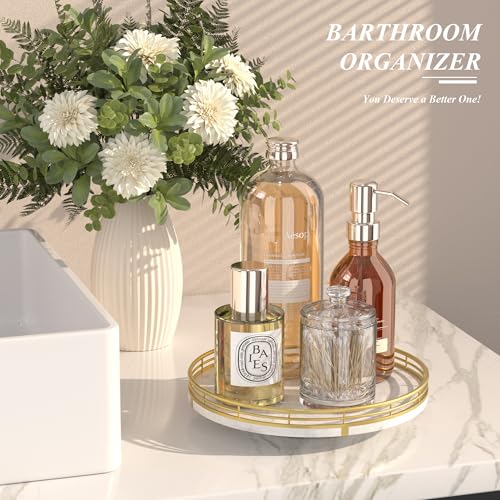 Image of White Marble Lazy Susan Turntable for Table Top - 10 inch Round Marble Tray Organizer for Bathrroom, Vanity, Dining Table, Kitchen Countertop & Bar, Luxury Stone Serving Tray with Gold Frame