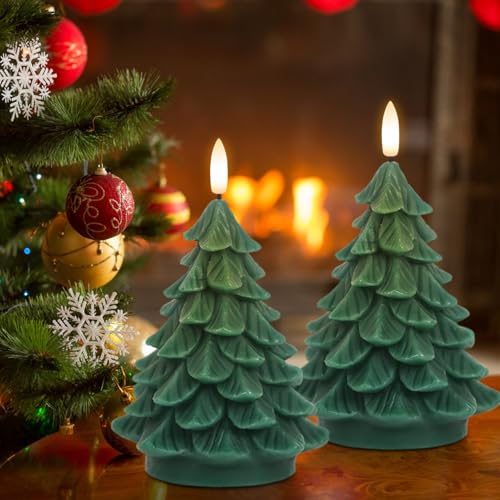 Image of Wondise Christmas Tree Flameless Candles Timer, 2 Packs Green Real Wax Battery Operated 3D Wick LED Flickering Candles Realistic Christmas Tree for Christmas Holiday Indoor Dinner Decor(2.76 inch x 5.9 inch)