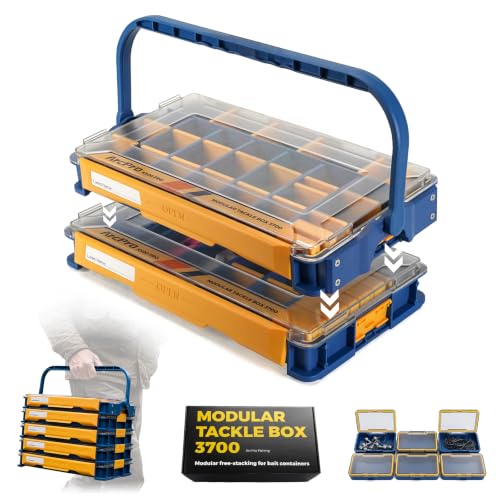 ARCPRO 3700 Stackable Fishing Tackle Box, 2 Pcs Floating Waterproof Tackle Trays One-Hand Open Bait Storage Case with Customizable Removable Dividers Freshwater and Saltwater Fishing Gear