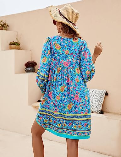 Image of Bluetime Women Casual Summer Dress Boho V Neck 3 /4 Sleeve Babydoll Floral Print Flowy Beach Dress