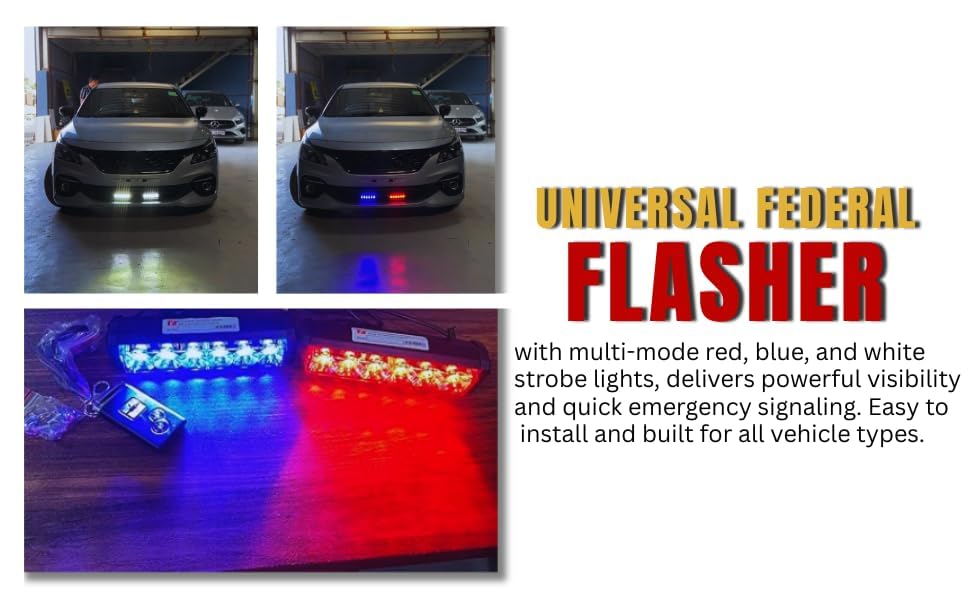 Image of MONARCHIE 12 LED Strobe Flasher Federal Light | Police PCR Red /Blue & White Emergency Hazard Warning Light for Cars | Aluminium Body | Battery Powered | 12 Volts