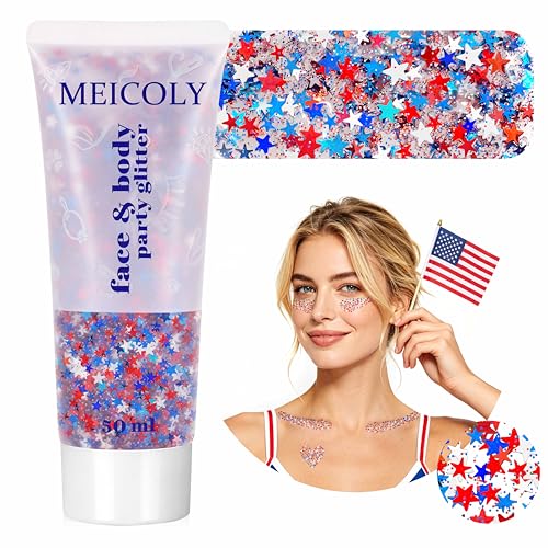 MEICOLY 50g Star Shaped Red White and Blue Body Glitter Face Glitter Gel Patriotic Accessories Hair Glitter for 4th of July Outfits for Women Fourth of July USA Accessories for Independence Day