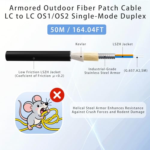 Image of 50M /164FT LC to LC Armored Outdoor Fiber Optic Cable, Single Mode Duplex 9 /125μm SMF Fiber Patch Cord, OS1 /OS2 Compatible, Black LSZH Jacket, Uniboot Jumper for FTTH, Data Center, Long-Distance Use