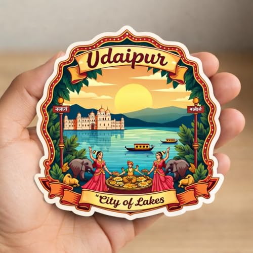 Image of Naxon Udaipur City of Lakes Fridge Magnet | Beautiful Rajasthan Travel Souvenir | Lake Pichola City Palace Jag Mandir Magnet | Home Kitchen Office Decor | 3x3 Inch Wooden Multicolor Gift | Pack of 1