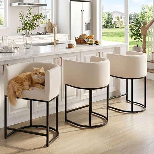 HNY Modern Counter Height Linen Fabric Upholstered Counter Stools Set of 3, 24 Inch Kitchen Island Stool with Black Tubular Frame, Cream