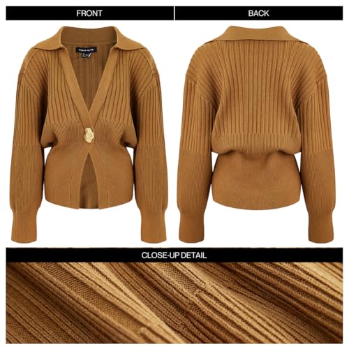 Women's Cardigan V-Neck Lapel Long Sleeve Knitted Cropped Casual Sweater with Metal Button 20254