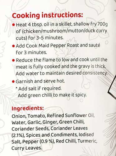 Image of COOKMAID Pepper Roast -300g | Kerala Style Pepper Roast Masala | Ready to Cook Curry Paste for Chicken, Egg & Duck Roast | Spicy South Indian Gravy Base | No Preservatives | Serves 5-6