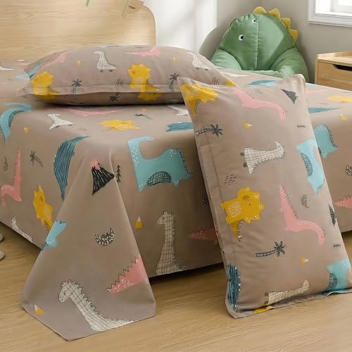 Image of Story@Home Kids Dinosaur Theme Double Bed Bedsheet Set 225x250 cm with 2 Pillow Covers | 180 TC Cotton Feel Fabric | Dino Brown T-Rex & Dino Print | Soft, Durable & Skin Friendly
