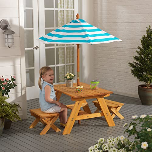 image for KidKraft Outdoor Wooden Table & Bench Set with Striped Umbrella, Child
