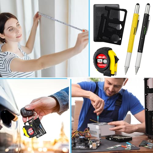 Image of 8 Pcs Mini Screwdriver Tape Keychain Set Multitool Pen Card Father's Gifts Bulk Mini Tool Set for Adult Men Dad (Yellow,Black)