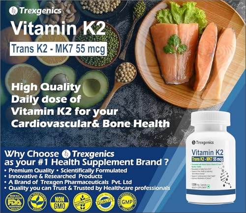 Image of Trexgenics VITAMIN K as TRANS K2 MK7 Menoquinone-7 55 mcg Bone, Cardiovascular Health (120 Veg Capsules)