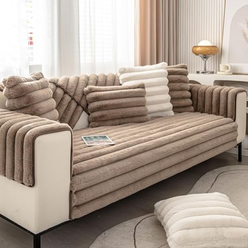 vctops 3D Striped Faux Fur Couch Cover Thick Warm Soft Sofa Cover Non Slip Fuzzy Plush Furry Sofa Slipcovers Shaggy Cozy Washable Furniture Protector for Pets, Kids (Dark Coffee,28"x28")