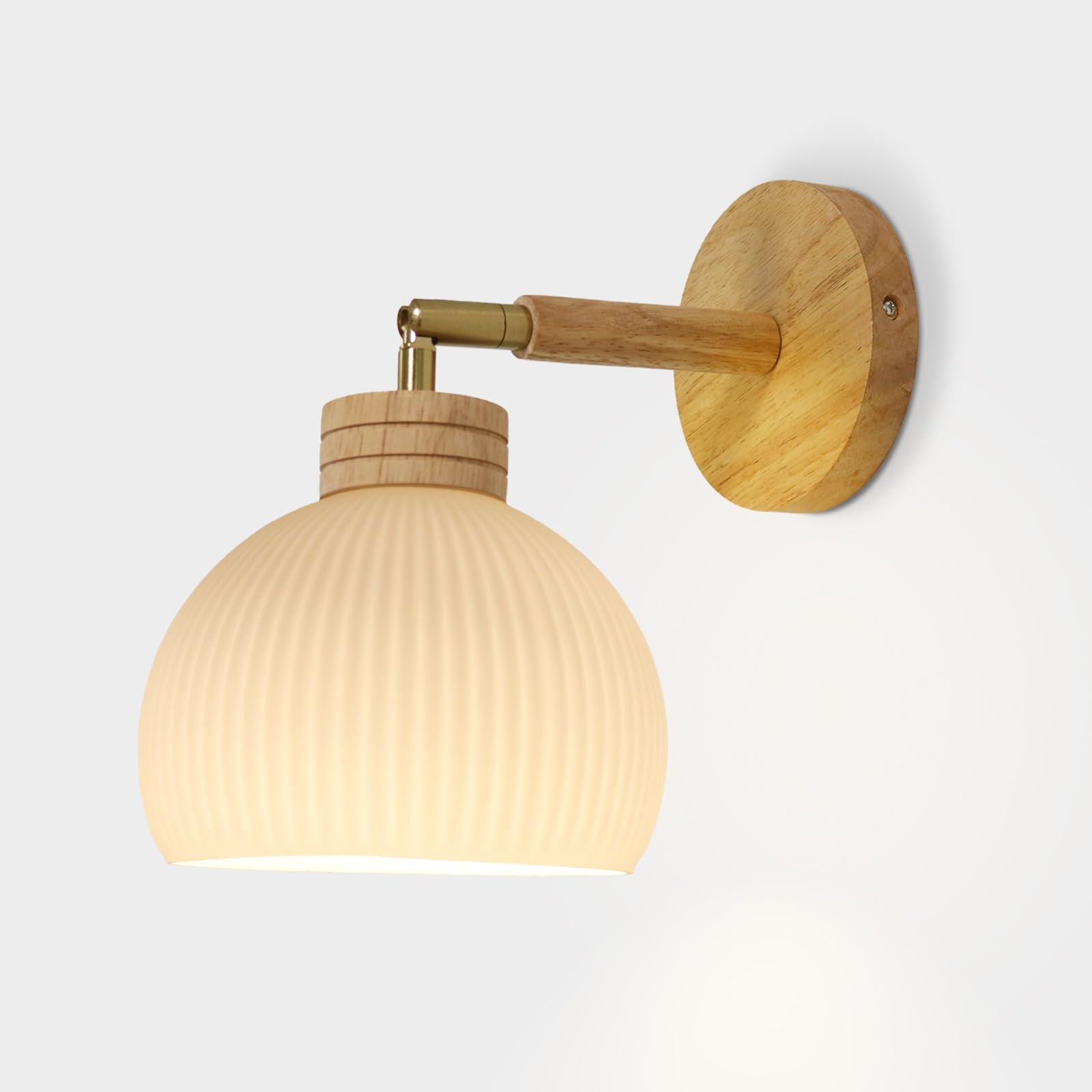 SXWNBIFH 1-Light Natural Wood Wall Sconce Adjustable Angle, Minimalist Bedroom/Bathroom Light Fixture with Ribbed Glass Shade, Solid Wood Wall Lamp for Hallway Bedside Vanity