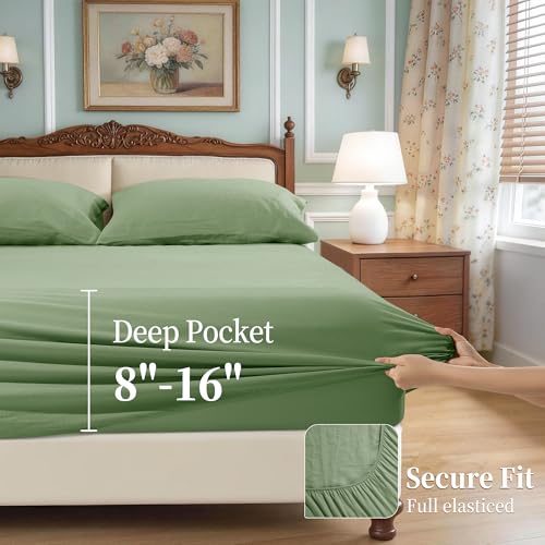 Image of 100% Pure Linen Sheet Set for Hot Sleepers, Breathable Natural Linen Sheets 4pcs, Bedding Set Deep Pocket Up to 16 inch Moisture-Wicking, Softens with Every Wash (Green Cal King)