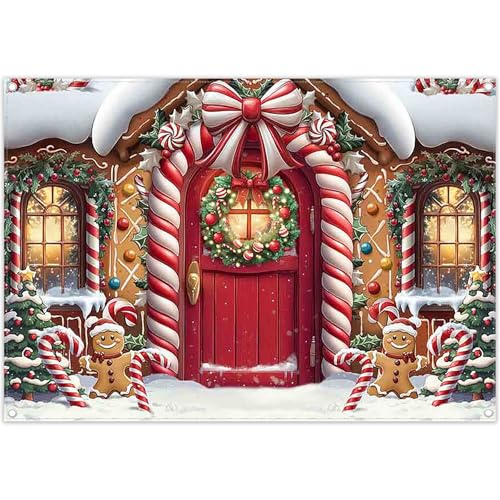 Luminora 2,1 x 1,5 m Toile de Fond Motif Maison en Pain d'épices de Noël Rouge, Cannes de Bonbon, sapins de Noël, Couronne, Neige, décoration de réveillon, bannière Photo, Accessoires