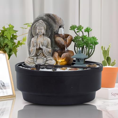 Tankana Tabletop Water Feature Zen Fountain Indoor 4-Tier Outdoor Sitting Buddha Cascading Garden Fountains LED Lights & Pump Soothing Waterfall for Home Decoration Table Desk Office Patio Gray