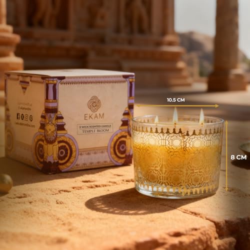 Image of EKAM 2025-26 Festive Fragrance Gift| Scented 3 Wick Candle| Temple Bloom | Inspired by Stone Palace | 28-Hour Burn | Essential Oil Infused | Gift Box for Diwali & Celebrations