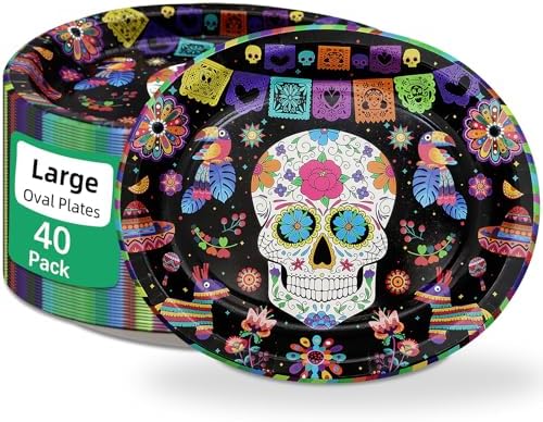 40Pcs Day of the Dead Decorations,10x12 Inch Large Mexican Sugar Skull Plates,Halloween Heavy Duty Disposable Platter for Dia de Los Muertos Party Supplies