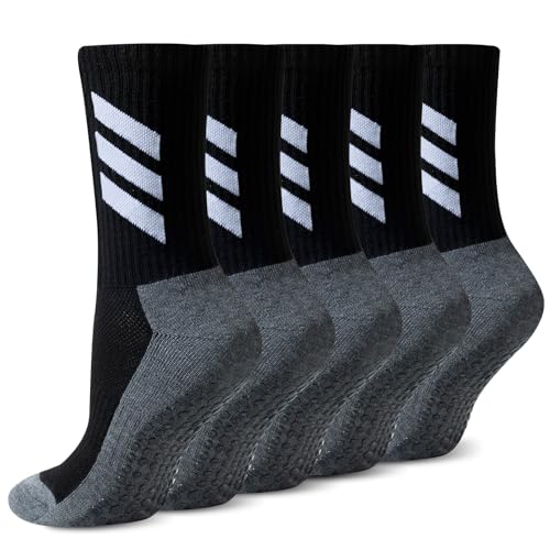 5 Pairs Mid-Calf Non-Slip Socks, Crew Grip Socks, Seamless Reinforced Toe & Heel for Durability and Resistance