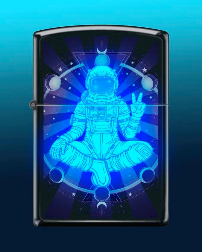 Miniatura 2 de Buda astronauta con fases de la luna Zippo encendedor negro reactivo negro mate