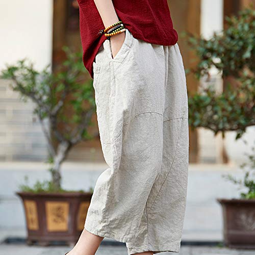 LUZU JUNU Womens Summer Cotton Linen Cropped Capri Trouser Casual Loose Wide Leg Baggy Pants4