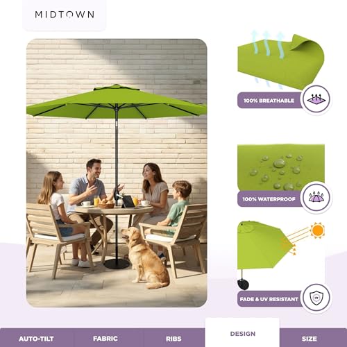 Image of Midtown Umbrellas - 10-Year-No-Fade 8 Ft Patio Umbrella with Terylast Fabric, Auto-Tilt Aluminum Frame and 8 Reinforced Ribs for Deck, Pool, Garden & Beach - Pear Green Canopy, Black Pole