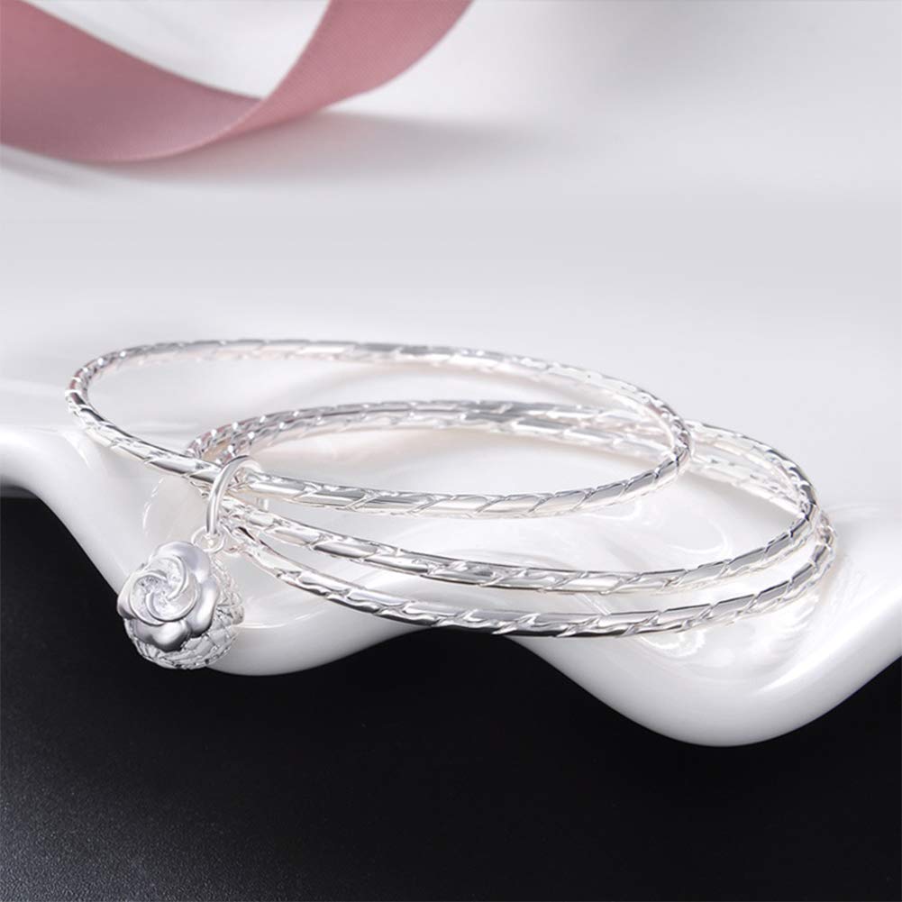 AKT Pulsera de Plata Bangle y Brazalete de Plata de Ley con 3 Aberturas y Campana para Mujer, 24g 990 Plata, Diámetro Interior 58.3 Mm
