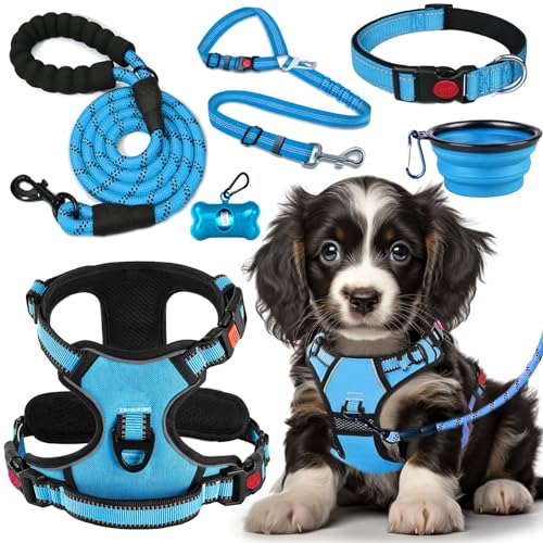No Pull Dog Harness, Collar & Leash Set with Retractable Dog Seat Belt, Collapsible Dog Bowls and Poop Bag Dispenser - Ideal for Training, Walking, Hiking - Fits Small to Large Dogs(Blue-M)