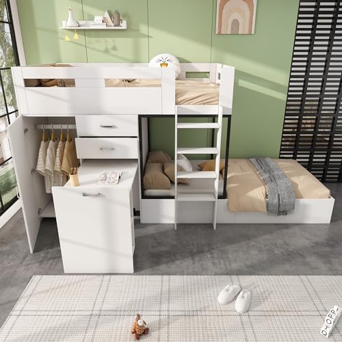 Sapgaks Litera con escritorio extensible y armario, cama infantil multifuncional 90 x 200 cm, cama infantil con cajón y estantes y escaleras, gran espacio de almacenamiento, color blanco