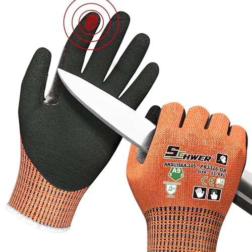 Image of Schwer ProGuard High Level Cut Resistant Work Gloves PR3326 for Extreme Protection,ANSI A9 Cut Gloves with Reinforced Thumb, Non Slip, Durable, Touch-screen, Orange 1 Pair(XXL)