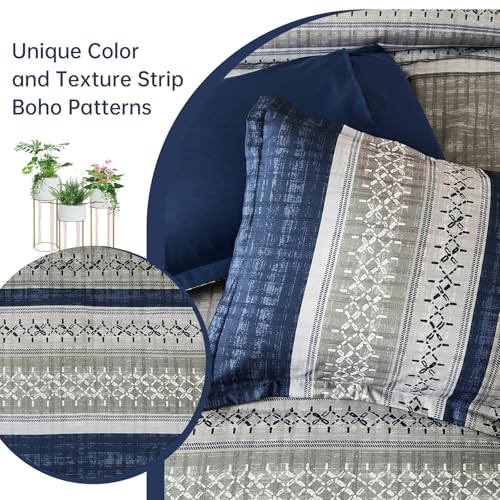 Image of Dintszyayue Blue King Comforter Size Set, 8 Pieces Boho Grey Striped Texture Bed in a Bag Sets, Lightweight Soft Bohemian Comforter and Sheet Set, All Season Microfiber Bedding Sets for Men Women