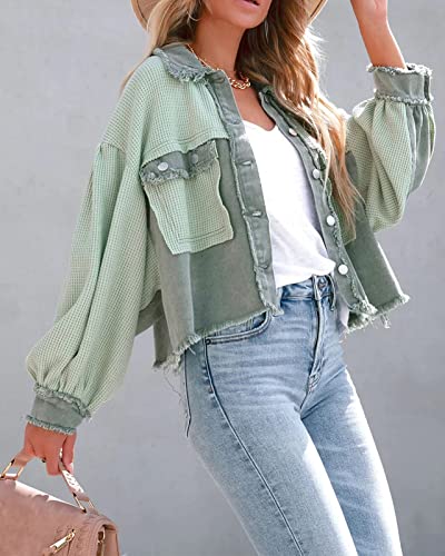 Women Waffle Knit Shacket Cropped Denim Stitching Button Down Loose Long Sleeve Jacket Tops4