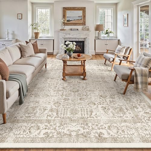 PureCozy Light Brown Area Rug 10x14 Machine Washable Large Vintage Living Room Distressed Non Slip Carpet Traditional Indoor Bedroom Retro Floral Accent Throw Rug for Office Kitchen Dining R