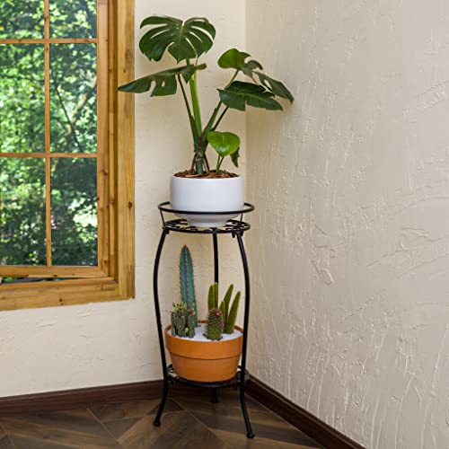 Faithland Plant Stand, Metal Planter Holder Indoor Outdoor, 2 Tier Round Potted Supports Rack, Corner Display Shelf Black, Tall #TOP6